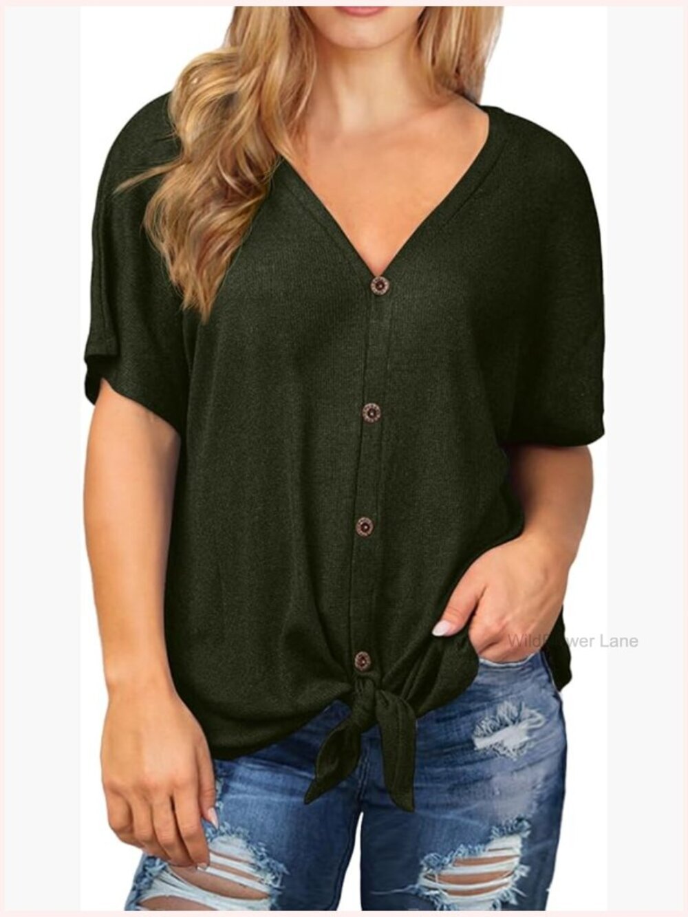 Plus Size V Neck Waffle Knit Tunic Top Short Sleeve Tie Front Button Up Blouse
